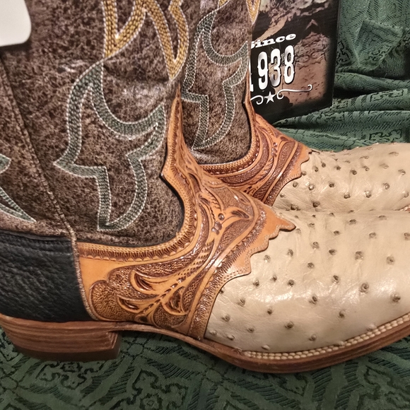 Vtg Montana OSTRICH boots MENS sz 10D FULL QUILL VAMP & HAND TOOLED \'SADDLE\' main image 9